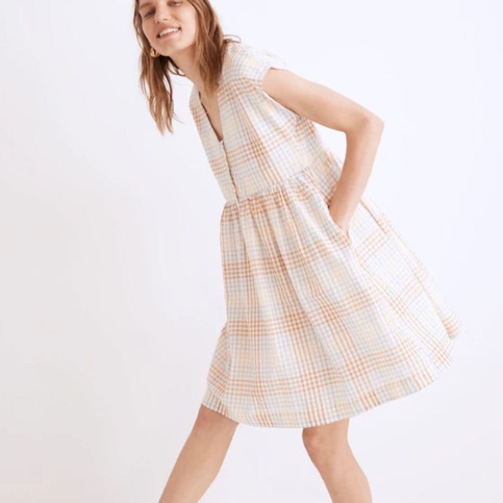 Madewell Cap Sleeve Button Front Mini Dress Plaid Small NF912 Seersucker